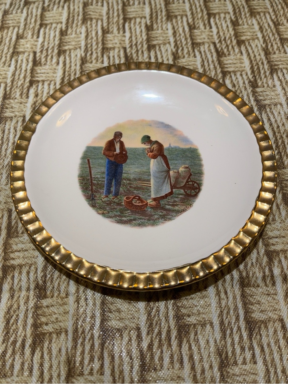 Vintage France The Angelus Millet Porcelain Dish Gold Tone Rim 6.25”